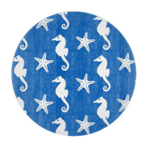 Planche À Découper Cheval de mer et poisson d'eau - blanc sur bleu co