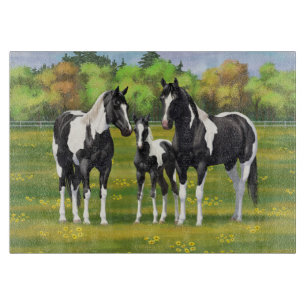 Planche À Découper Chevaux De Peinture De Pinto Noir En Pâturage Été