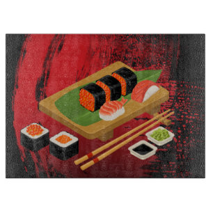 Planche À Découper Chic Élégant Moderne Sushi Noir & Rouge