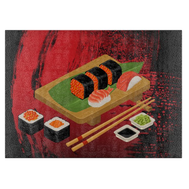 Planche À Découper Chic Moderne élégant Sushi noir & rouge (Devant)