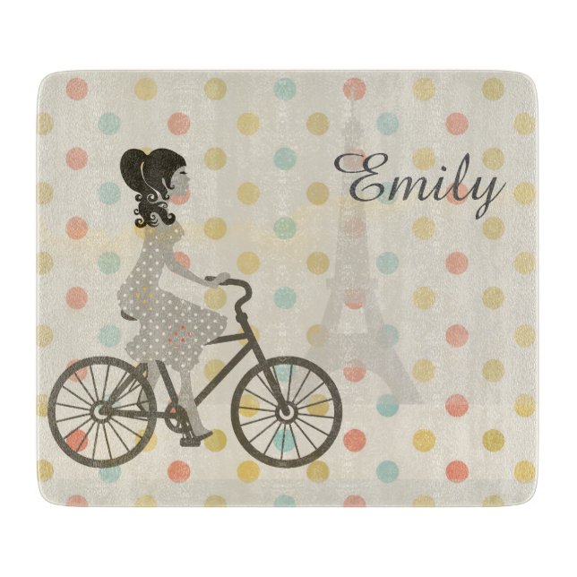 Planche À Découper Chic Paris Girl Riding Bike Dotty Personnalisé (Devant)