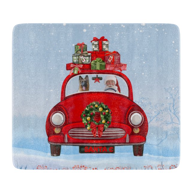 Planche À Découper Chien berger allemand en voiture avec le Père Noël (Devant)