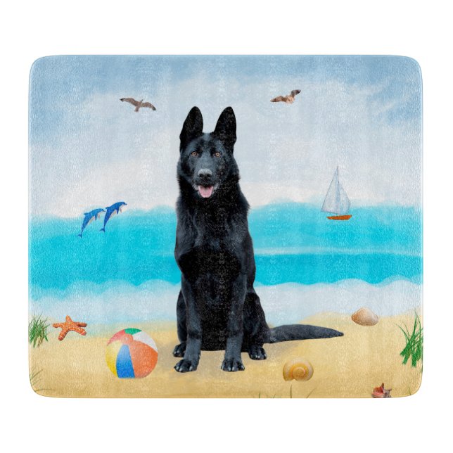 Planche À Découper Chien berger allemand noir sur la plage (Devant)