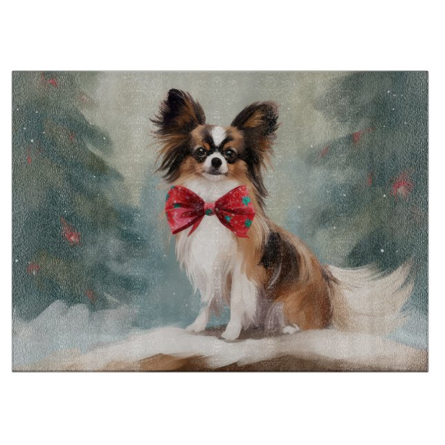 Planche À Découper Chien de Papillon à Noël de neige (Devant)