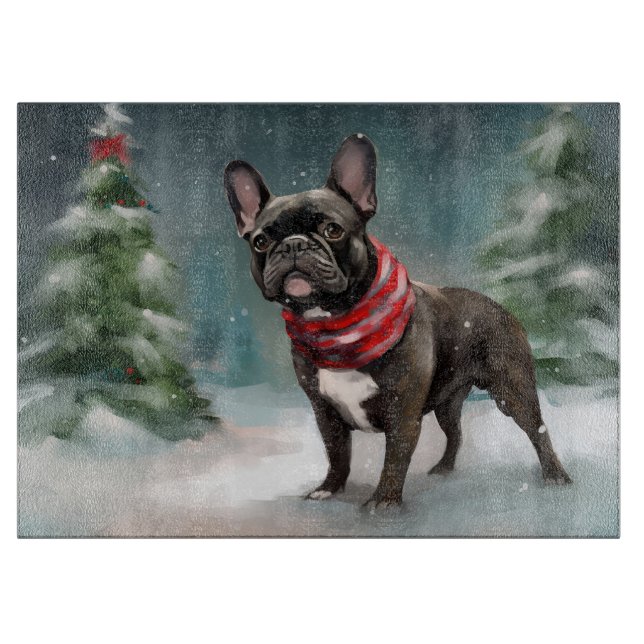 Planche À Découper Chien de taureau français à Noël de neige (Devant)