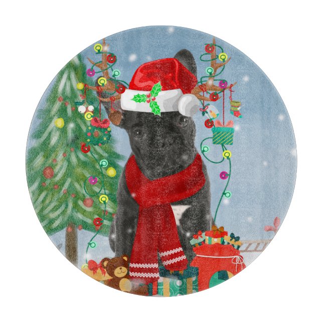 Planche À Découper Chien de taureau français en neige avec cadeaux de (Devant)