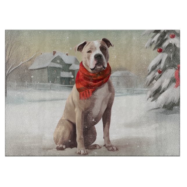 Planche À Découper Chien du Staffordshire américain à Noël de neige (Devant)
