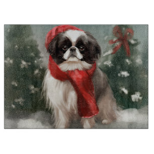Planche À Découper Chien Japonais Chin dans la neige de Noël
