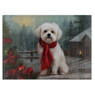 Planche À Découper Chien maltais dans la neige de Noël