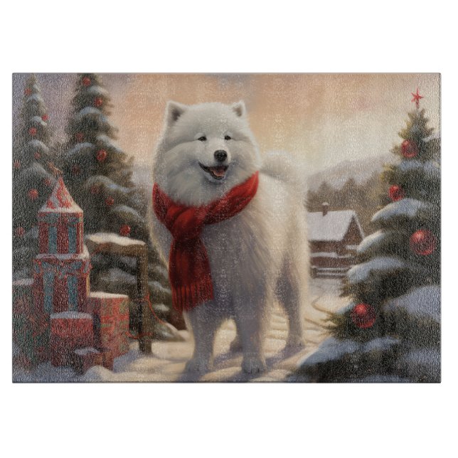 Planche À Découper Chien Samoyé à Noël de neige (Devant)