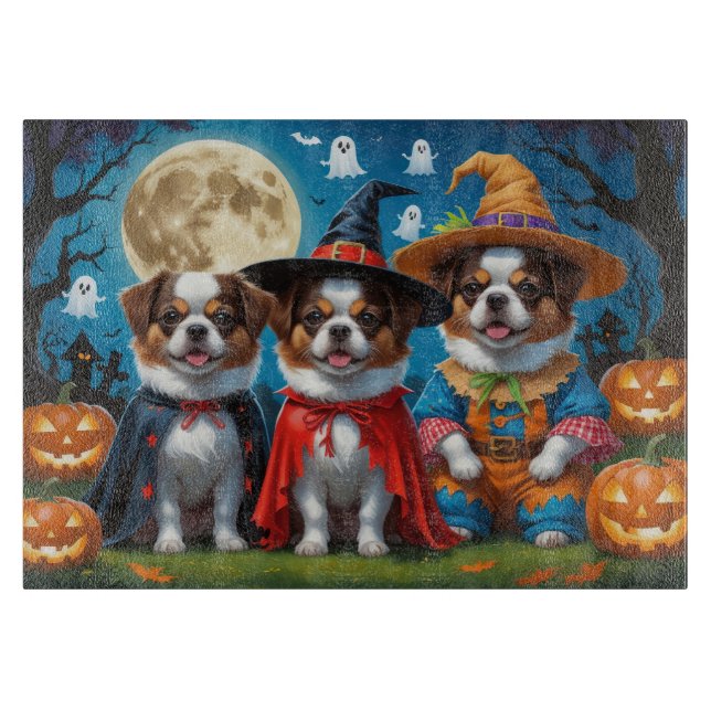 Planche À Découper Chiens Chin Japonais Citrouille Halloween drôle (Devant)