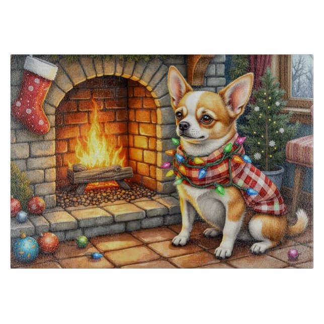 Planche À Découper Chihuahua Sitting Fireplace with Christmas Lights (Devant)