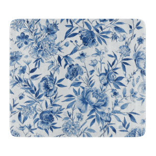Planche À Découper Chinoiserie bleue florale botanique aquarelle