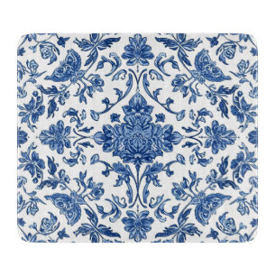 Planche À Découper Chinoiserie florale bleue aquarelle blanche