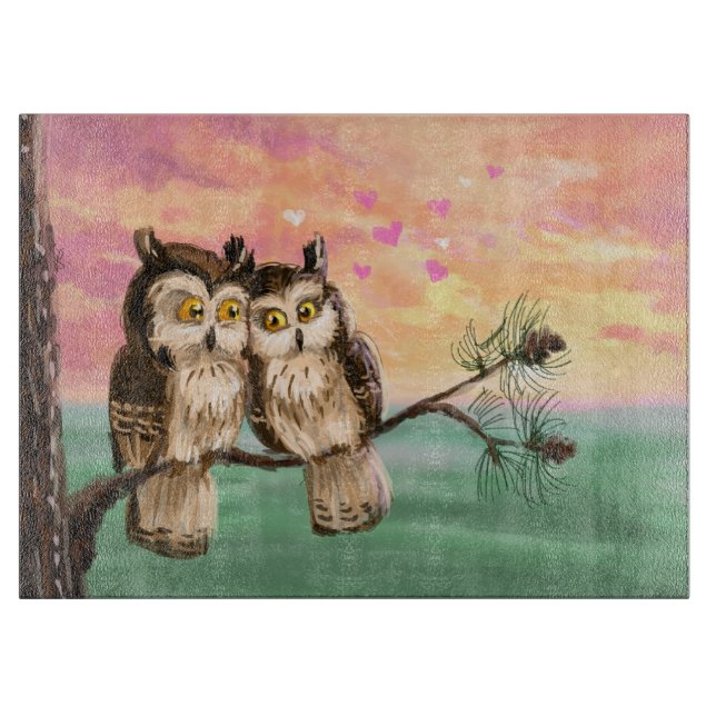 Planche À Découper Chouettes couple amour coucher de soleil mignon (Devant)