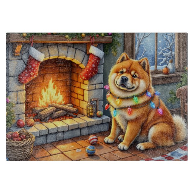 Planche À Découper Chow Chow Sitting Fireplace with Christmas Lights (Devant)