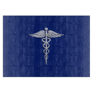 Planche À Découper Chrome Style Caduceus Symbole Médicale sur bleu ma