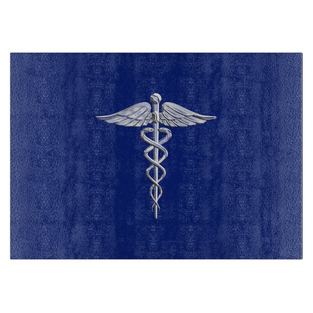 Planche À Découper Chrome Style Caduceus Symbole Médicale sur bleu ma (Devant)