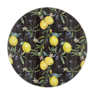 Planche À Découper Citron, branches d'olivier : motif aquarelle.