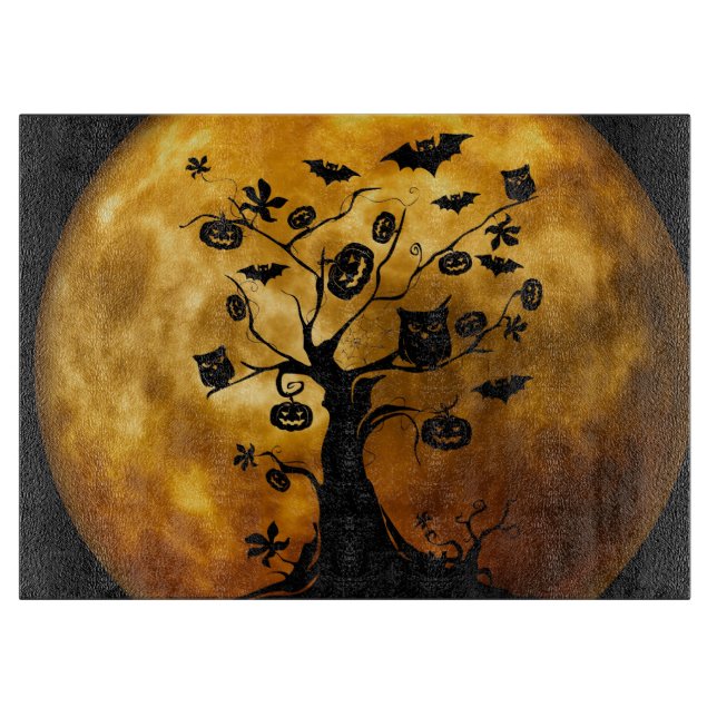 Planche À Découper Citrouille, chauve-souris, hibou et lune orange (Devant)