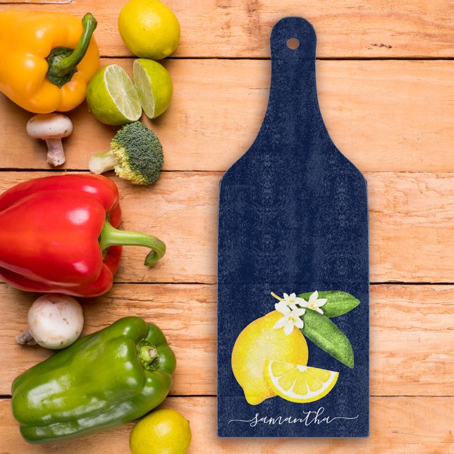Planche À Découper Citrus citron Monogramme bleu marine (Créateur téléchargé)