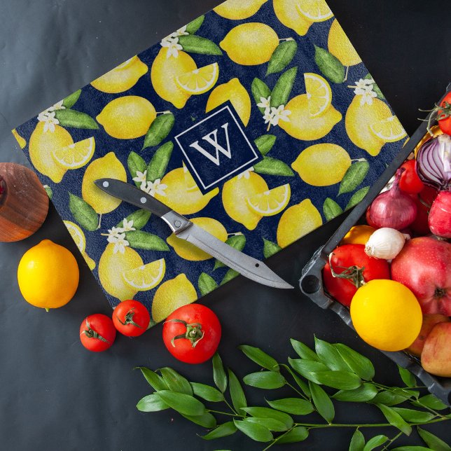Planche À Découper Citrus citron Motif Monogramme bleu marine (Créateur téléchargé)