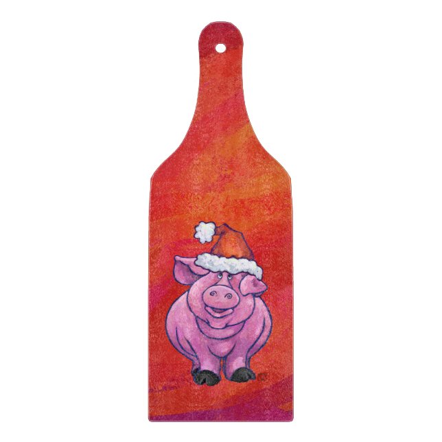 Planche À Découper Cochon mignon à Santa Hat sur rouge (Devant)