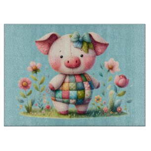 Planche À Découper Cochon Patchwork Fantaisiste dans un Jardin Floral