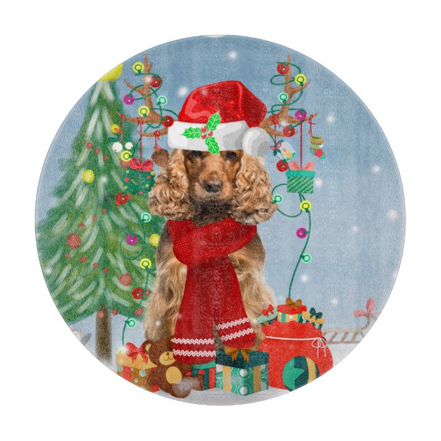 Planche À Découper Cocker Spaniel Chien en neige avec cadeaux de Noël (Devant)