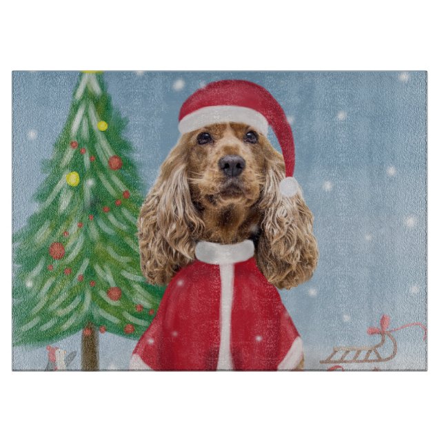Planche À Découper Cocker Spaniel Chien en neige avec cadeaux de Noël (Devant)