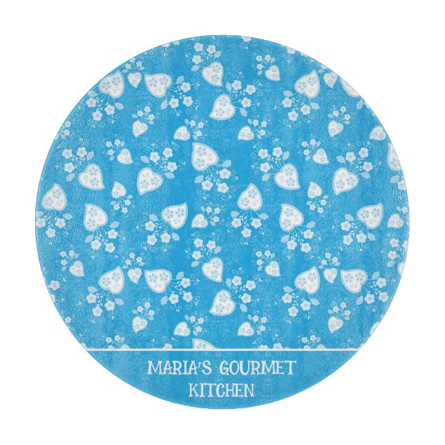 Planche À Découper Coeur de fleur bleu avec fleurs motif (Devant)