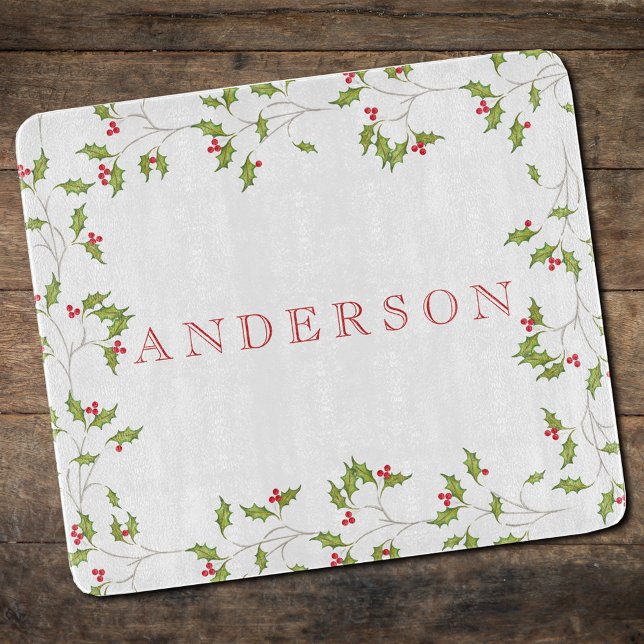 Planche À Découper Commission de coupe Holiday Holly modifiable (Christmas red holly and greenery cutting board. )