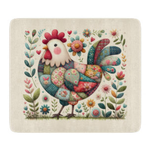 Planche À Découper Coq en patchwork folklorique avec découpes à accen