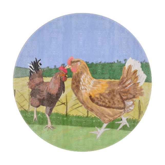 Planche À Découper Coq et poule brune à la campagne (Devant)