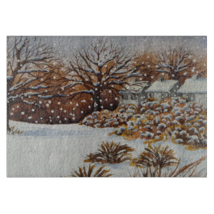 Planche À Découper cottages ruraux scène de neige Noël original