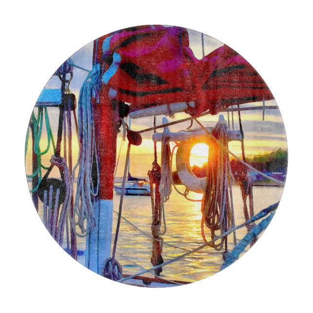 Planche À Découper Coucher de soleil de l'île de Lopez sur voilier (Devant)