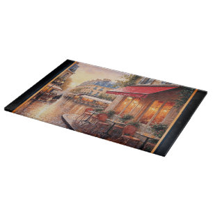 Planche À Découper Coucher De Soleil Doré Sur Un Café De Ville Pluvie