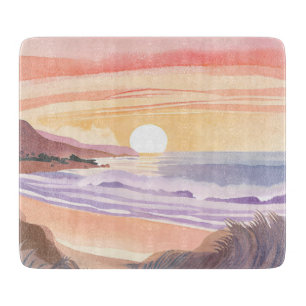 Planche À Découper Coucher de soleil sur la mer rose Peinture aquar