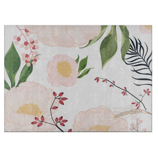 Planche À Découper Coupe de verre Fleurs florales blanches sur blanc (Devant)