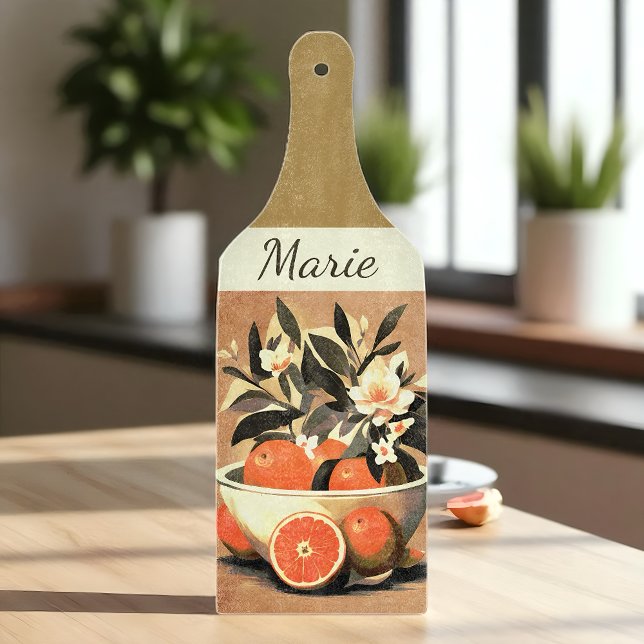 Planche À Découper Cuisine vintage en agrumes (Vintage citrus cutting board with oranges, blossoms, and your name.)