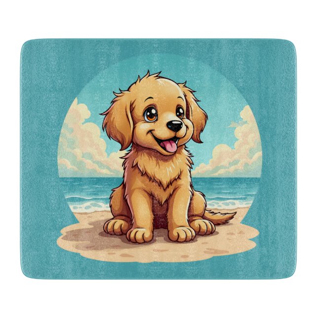 Planche À Découper Cute Golden Puppy at Sunny Beach Scene (Devant)
