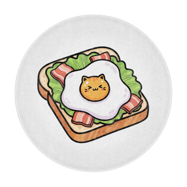 Planche À Découper Cute Kawaii Cat Fried Egg on Toast Illustration (Devant)