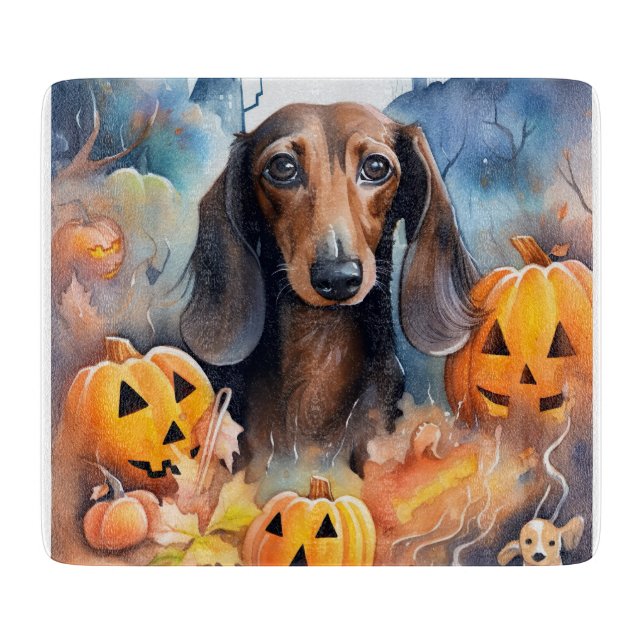 Planche À Découper Dachshund Halloween avec citrouilles épouvantable (Devant)