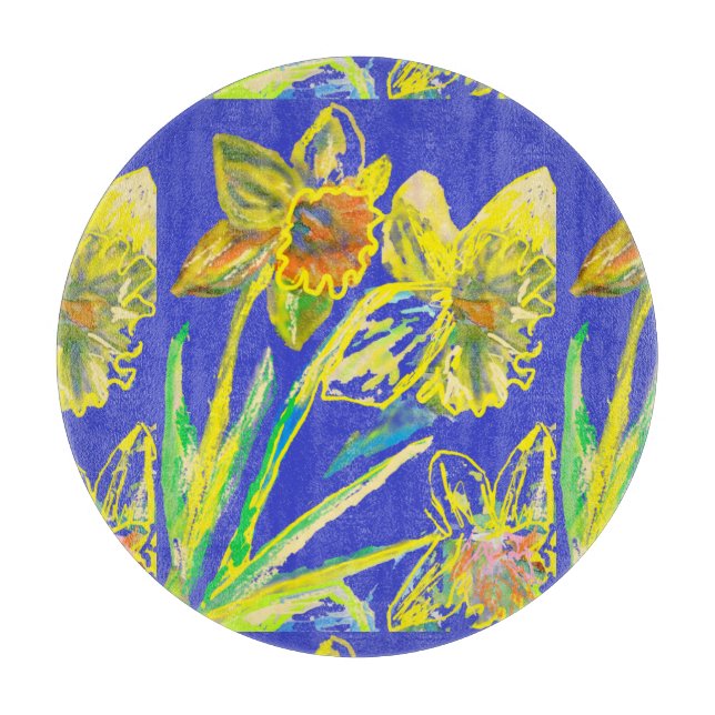 Planche À Découper Daffodil Abstrait Jaune Fleurs Bleues Florales Art (Devant)