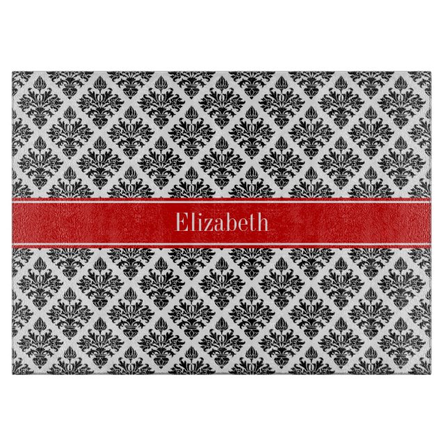 Planche À Découper Damask noir Blanc #3 Red Name Monogram (Devant)