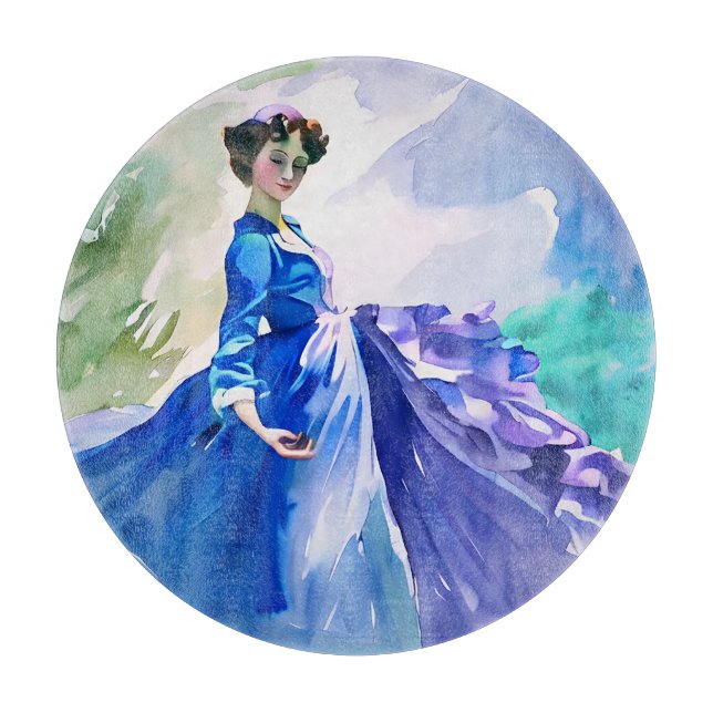 Planche À Découper Dame en Robe Bleue - Peinture aquarelle (Devant)