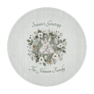 Planche À Découper Des lapins mignons dans une couronne d'hiver flora