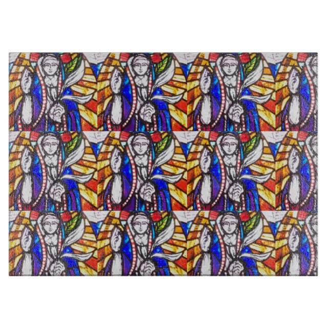 Planche À Découper Design en verre tendu avec la figure religieuse. (Devant)