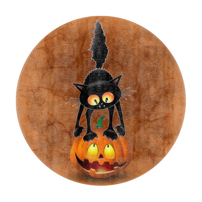 Planche À Découper Dessin d'Halloween au chat effrayé sur Citrouille (Devant)