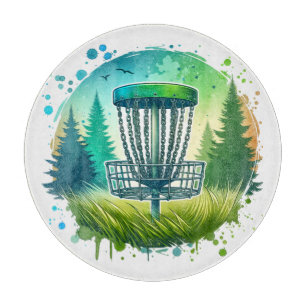 Planche À Découper Disque Golf Panier et Pins Arbres Bleu et Vert